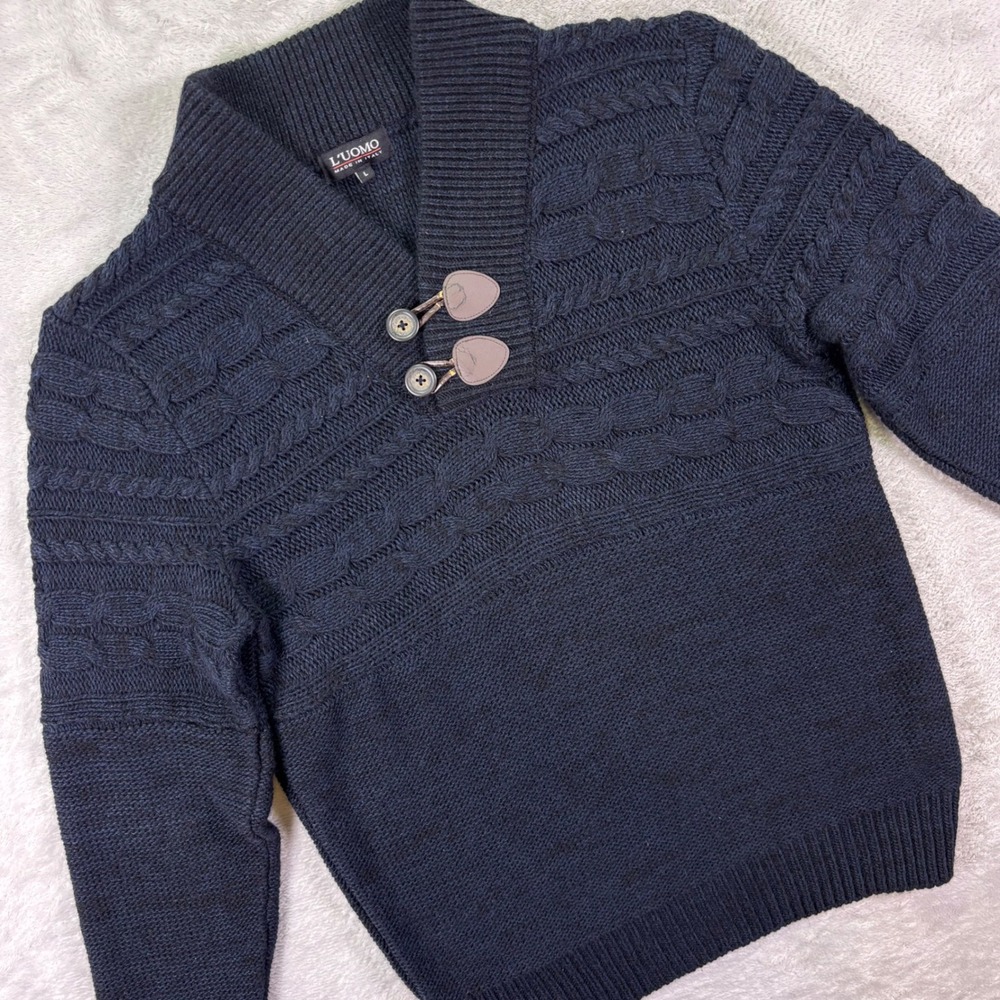 L'UOMO Mens Shawl Neck Cable‎ Knit Sweater Large Navy Blue Toggle Button Italy